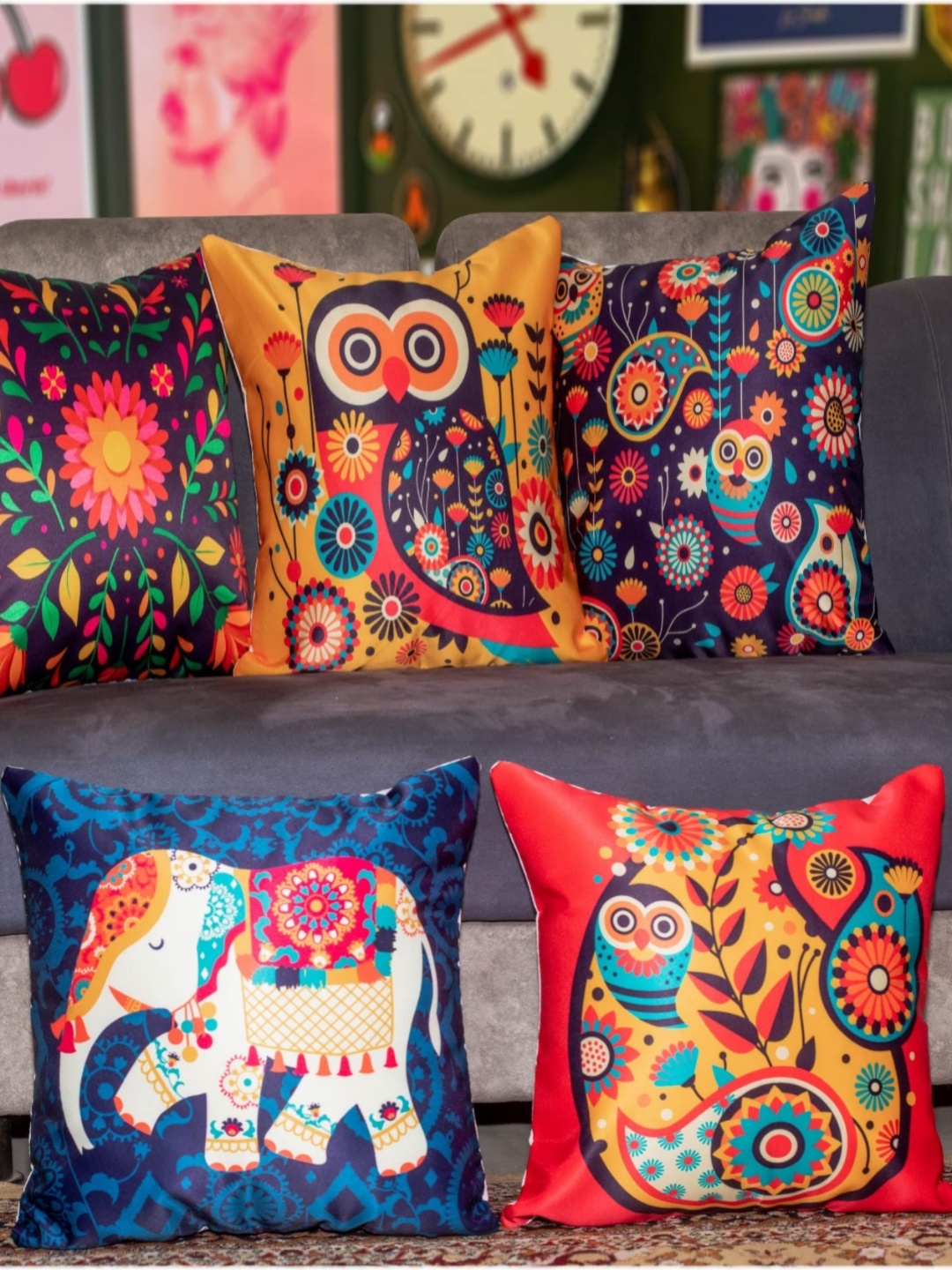 

Vendola Blue & Red 5 Pieces Ethnic Motifs Satin Square Cushion Covers