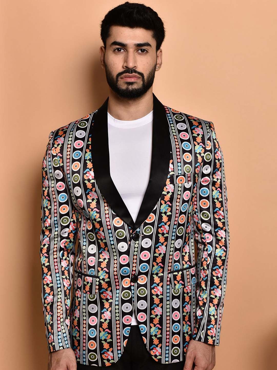

PRINTCULTR Geometric Printed Single-Breasted Casual Blazer, Black
