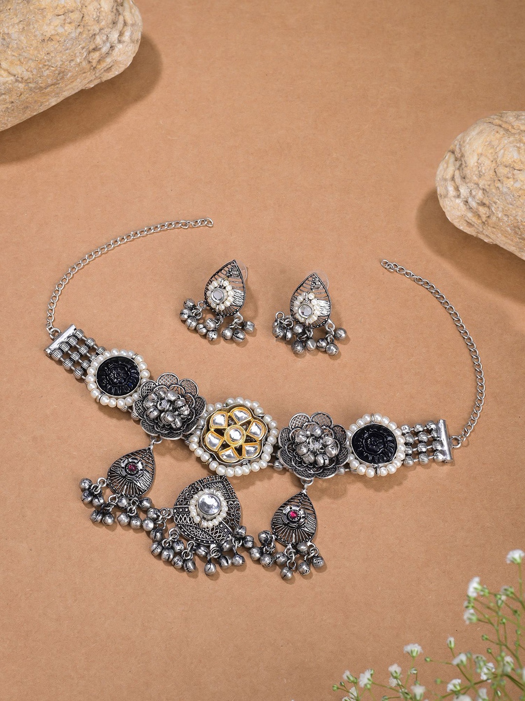 

Designbox Kundan Studded & Beaded Tribal Jewellery Set, Silver