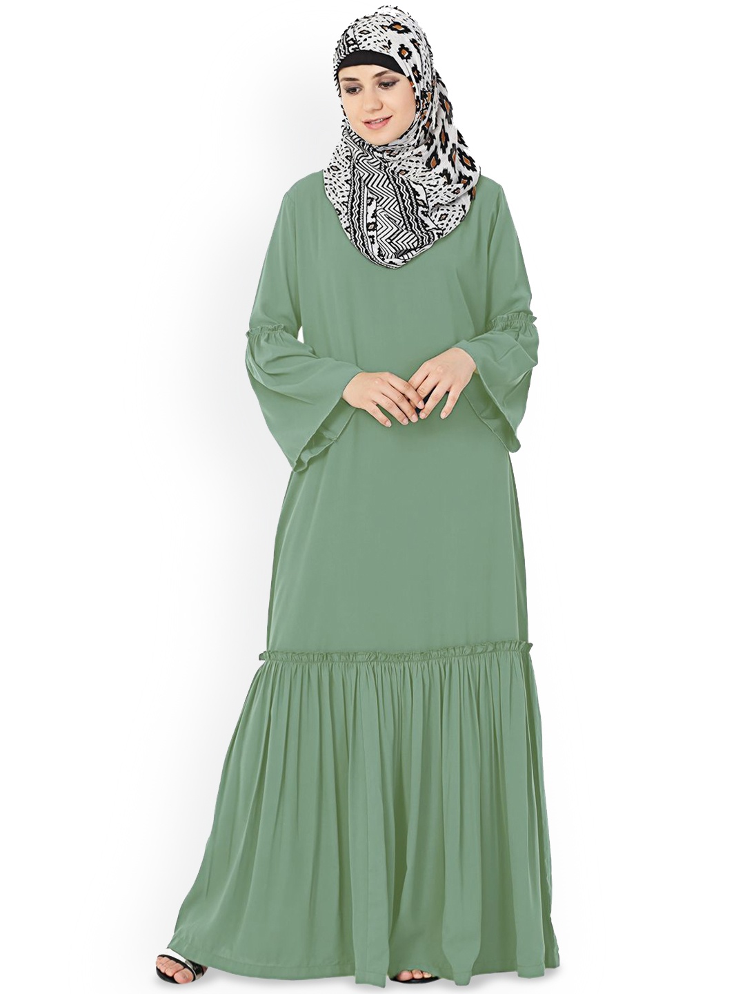 

MOMIN LIBAS Women Solid Flared Sleeves Burqa With Scarf, Green