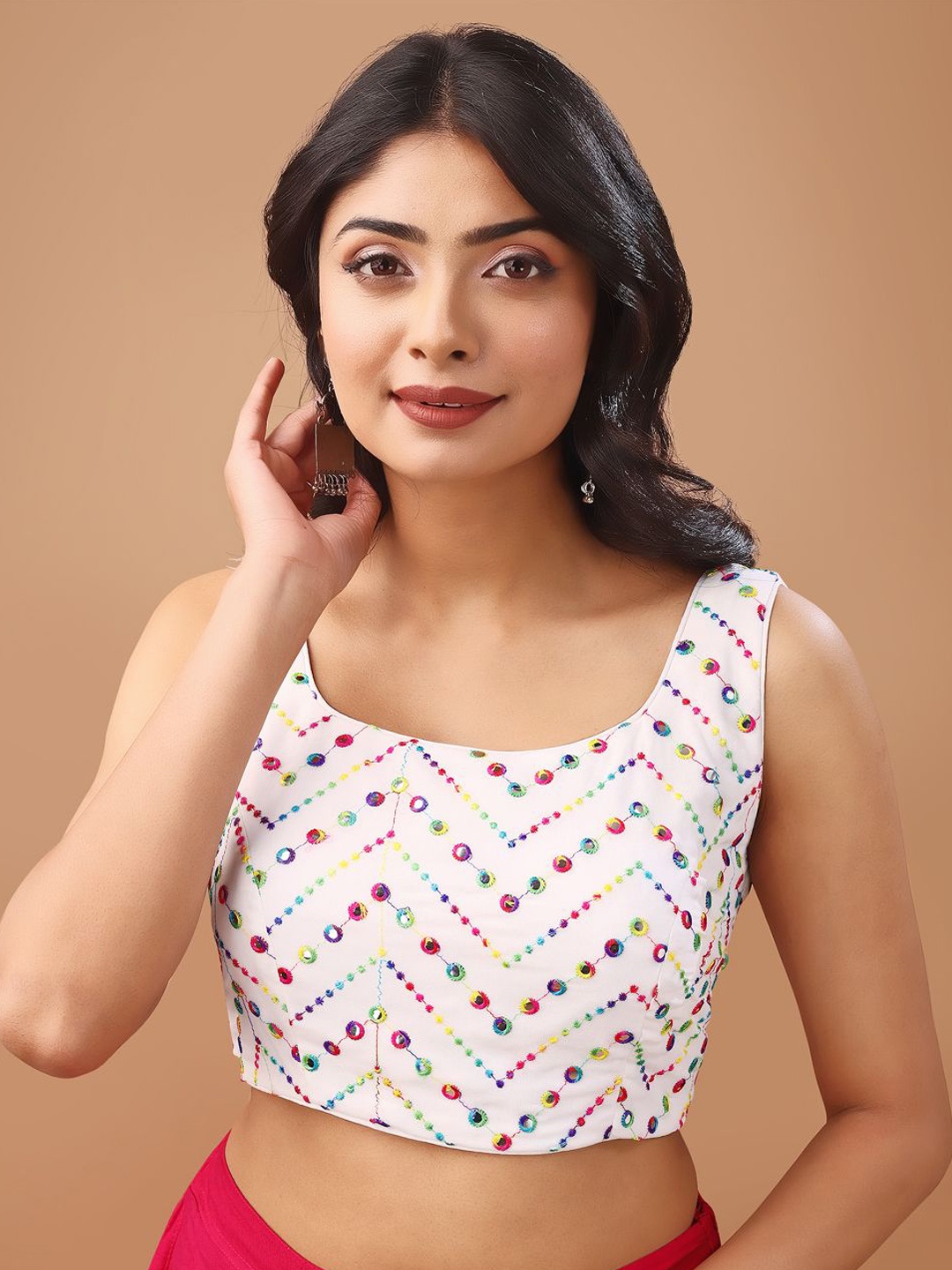 

Tikhi Imli Mirror Work Embroidered Sleeveless Saree Blouse, White