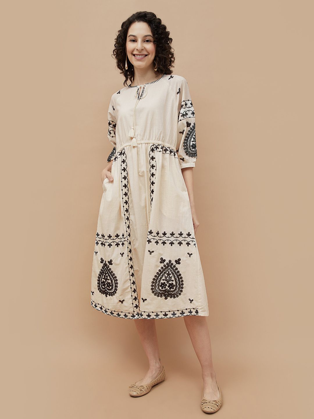 

Colour Me by Melange Ethnic Motifs Embroidered A-Line Dress, Beige