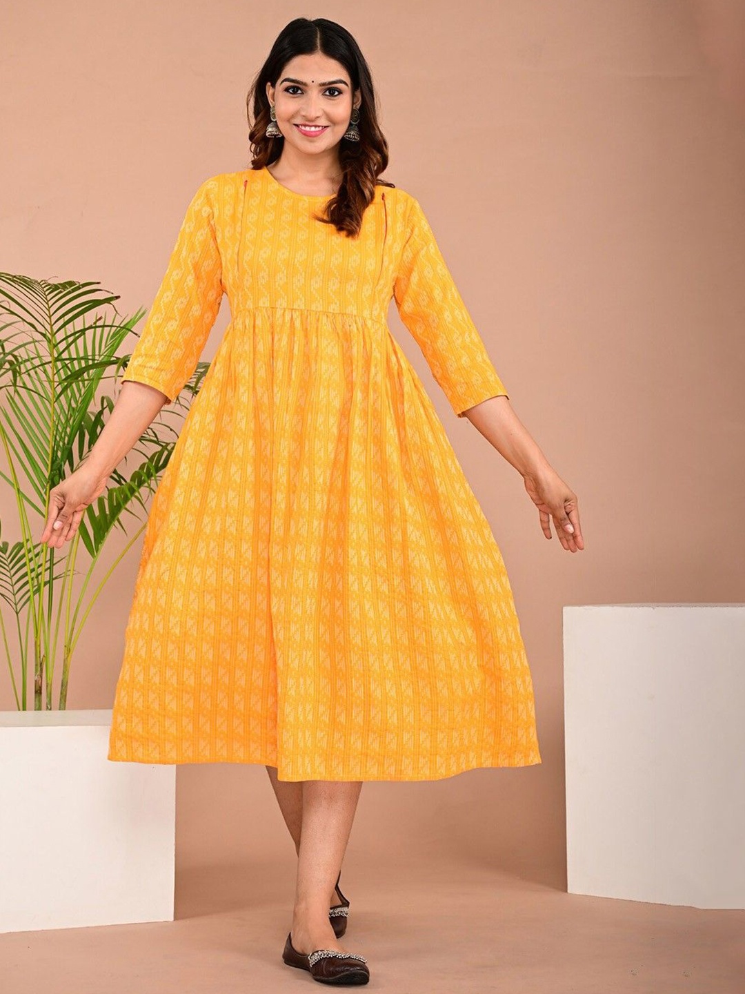 

Parth Fab Print Maternity Fit & Flare Midi Dress, Mustard