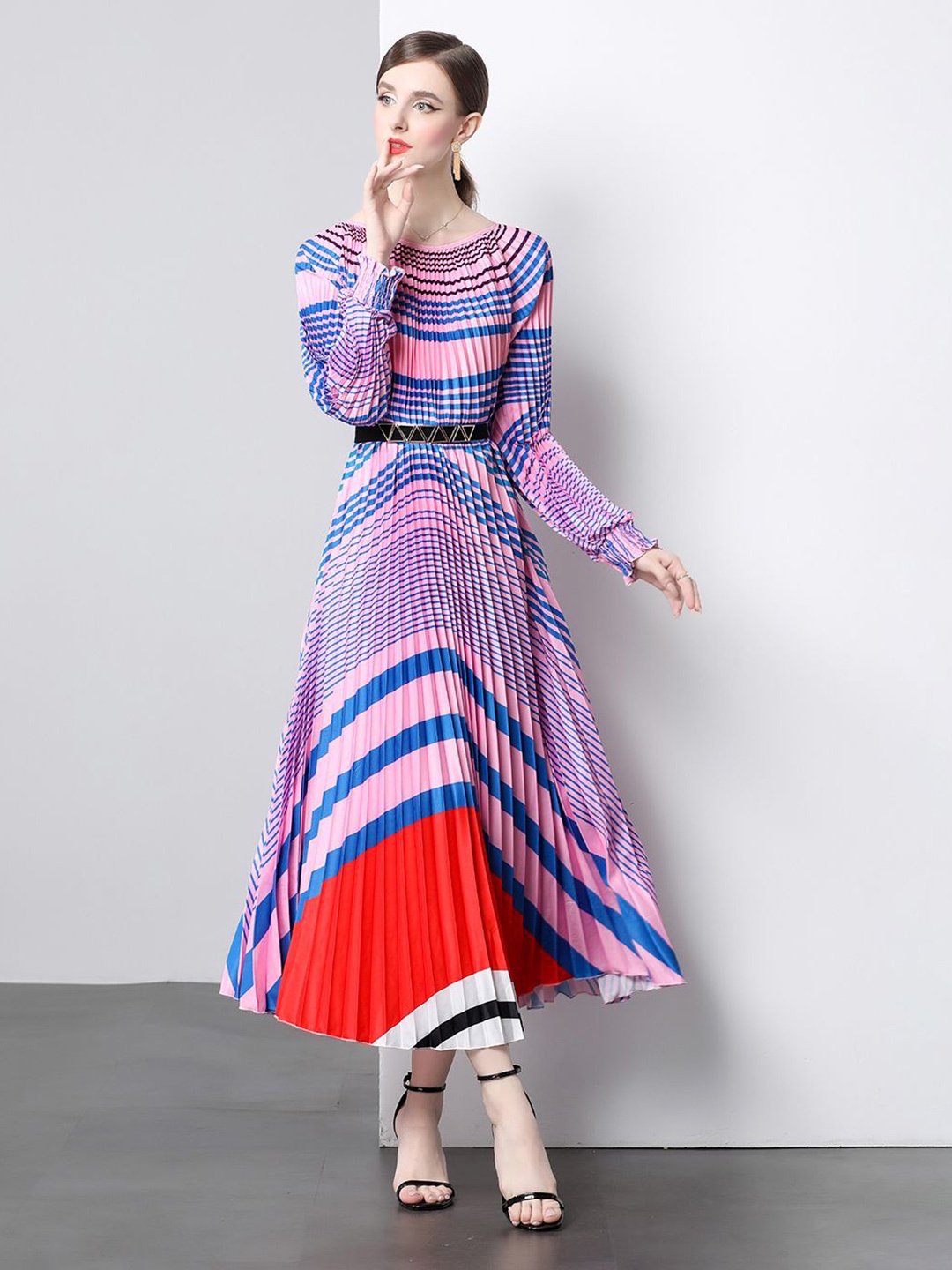 

JC Collection Women Striped Printed Cuffed Sleeve Fit & Flare Maxi Dress, Purple