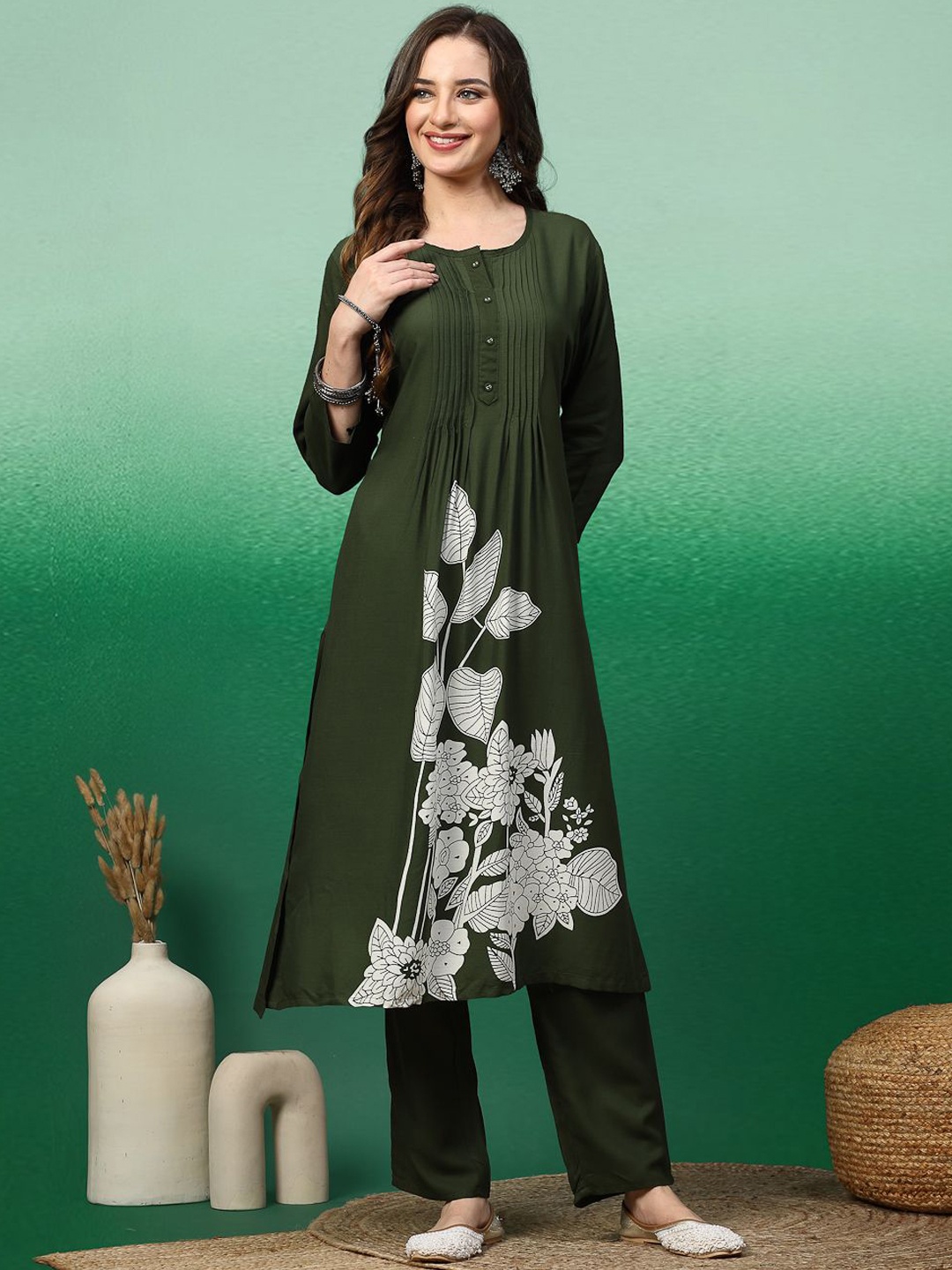 

Sangria Green Floral Printed Pleated Pintuck Straight Kurta With Trousers & Dupatta
