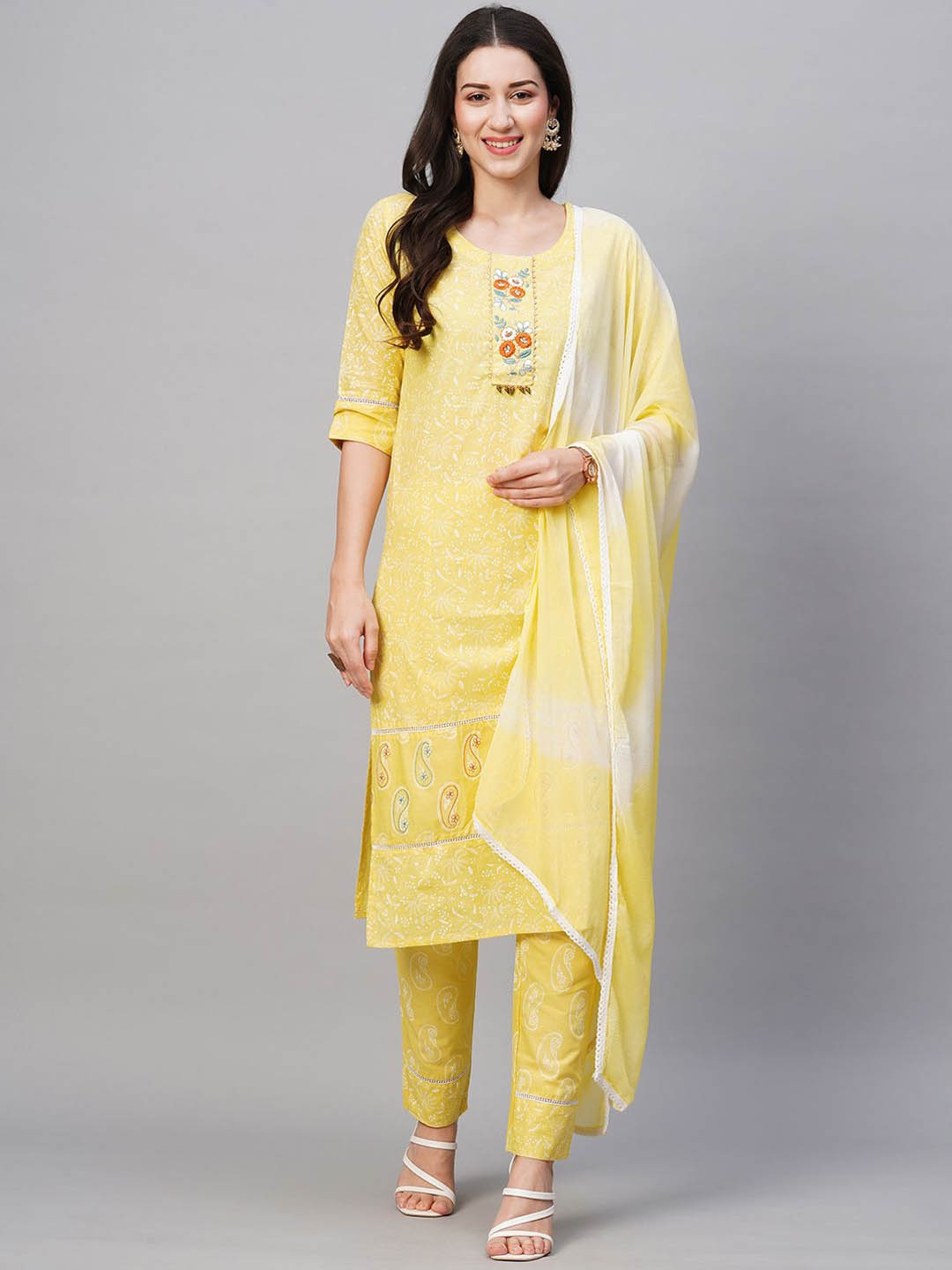 

Kiana House Of Fashion Floral Embroidered Pure Cotton Kurta With Trousers & Dupatta, Yellow