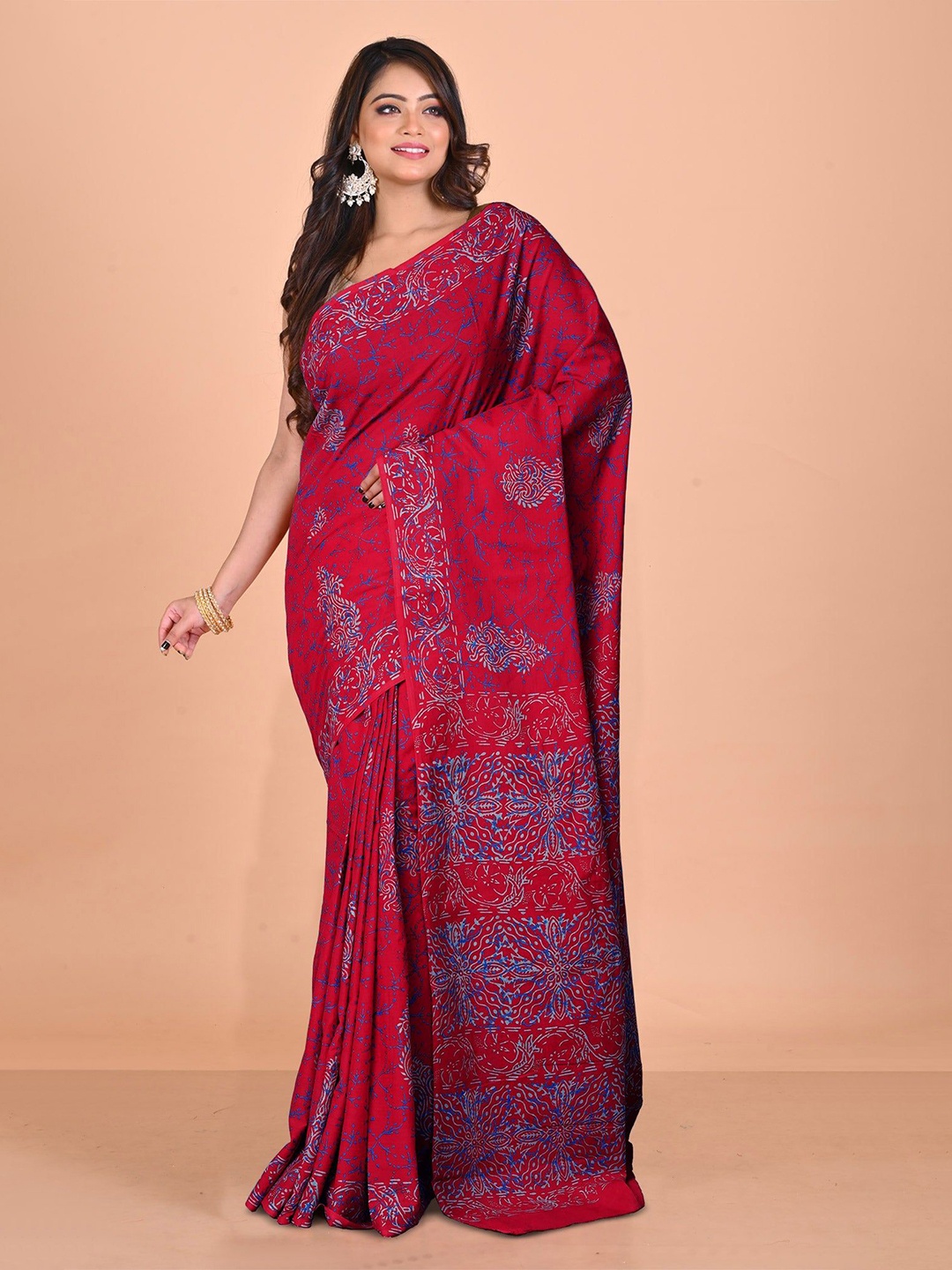 

Unnati Silks Ethnic Motifs Pure Cotton Handloom Block Print Saree, Red