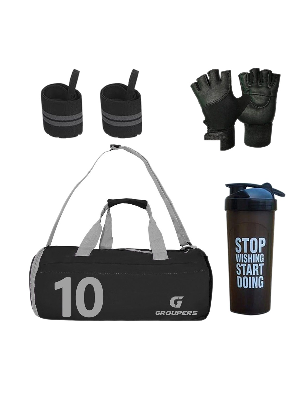 

GROUPERS Printed Medium Foldable Sports Duffel Bag With Gloves Shaker Bottle & Wrist Band, Black