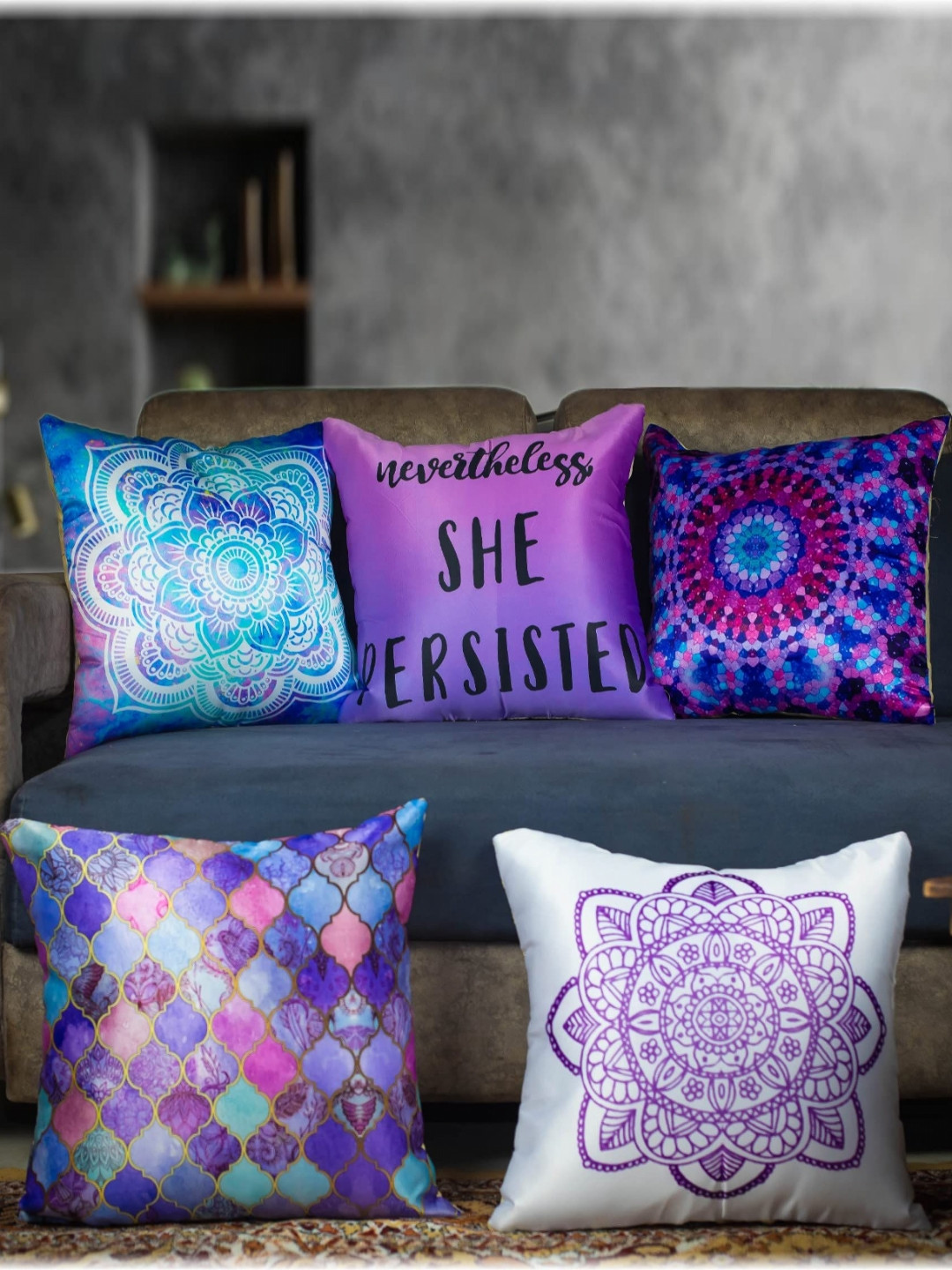 

Vendola White & Purple 5 Pieces Ethnic Motifs Printed Satin Square Cushion Covers