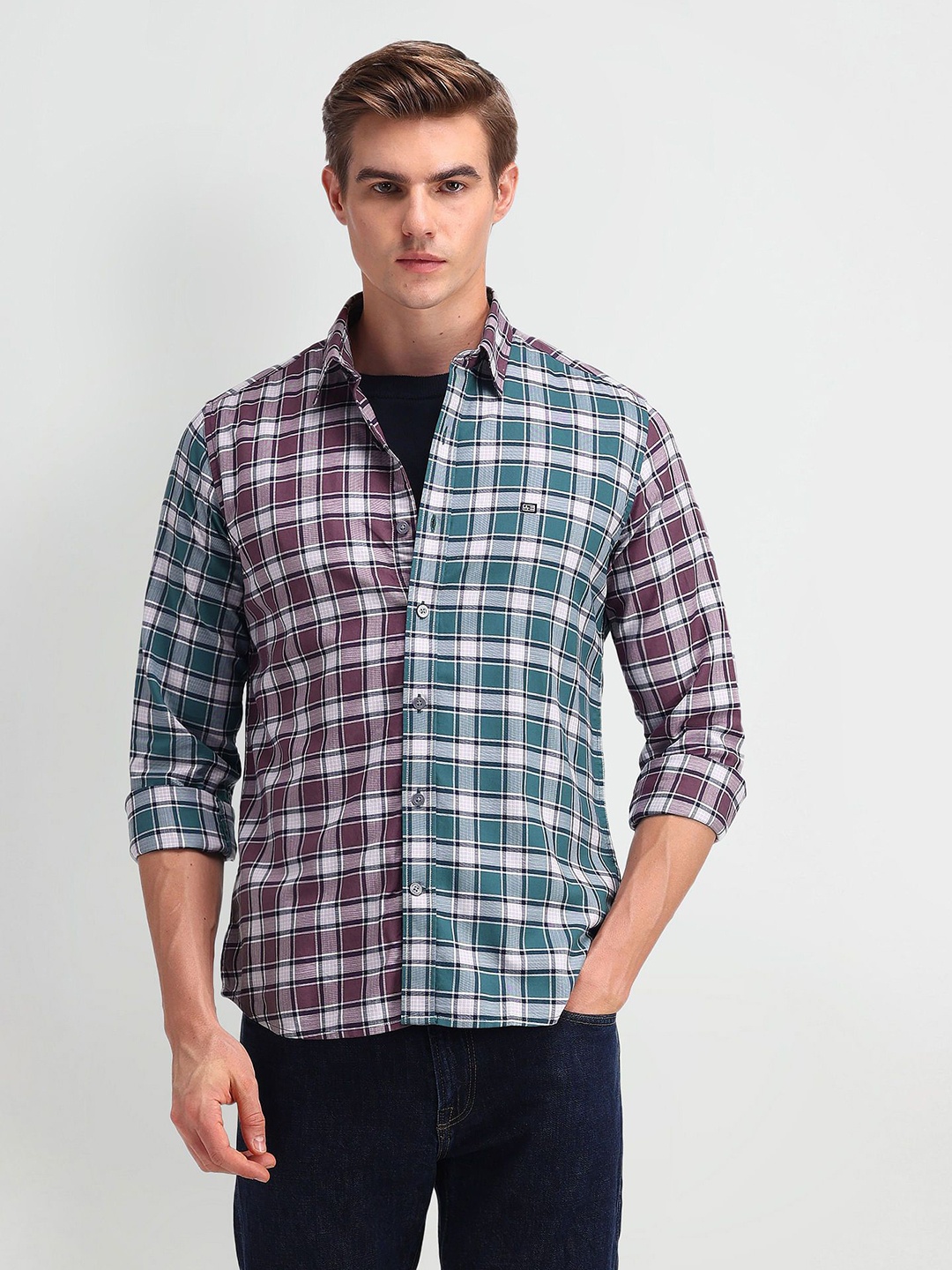 

Arrow Sport Men Modern Slim Fit Opaque Checked Casual Shirt, Purple