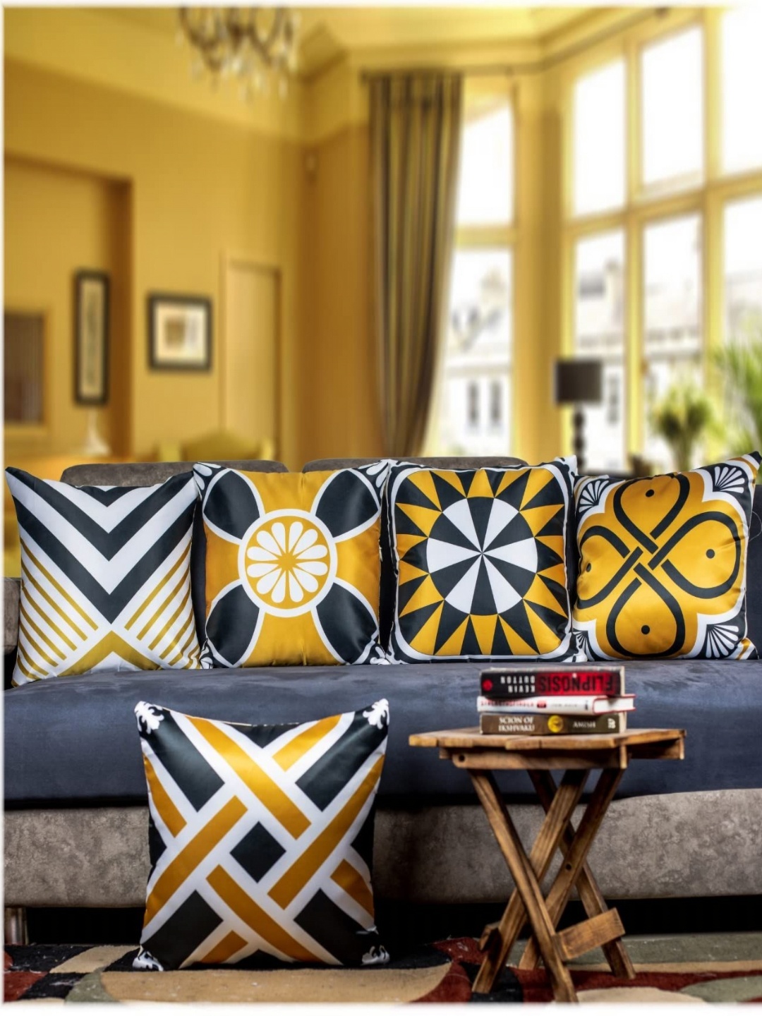 

Vendola Yellow & Blue 5 Pieces Geometric Satin Square Cushion Covers