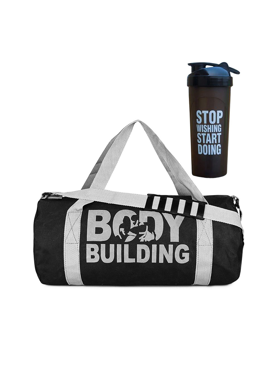 

GROUPERS Printed Foldable Sports or Gym Duffel Bag With Shaker Bottle, Black