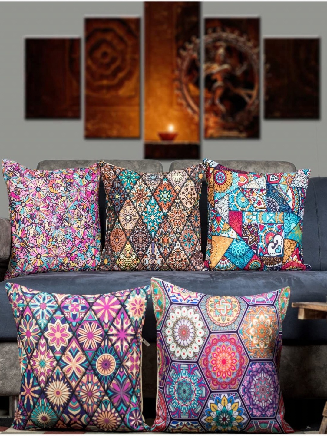 

Vendola Blue & Lavender 5 Pieces Floral Printed Square Cushion Covers With Fillers