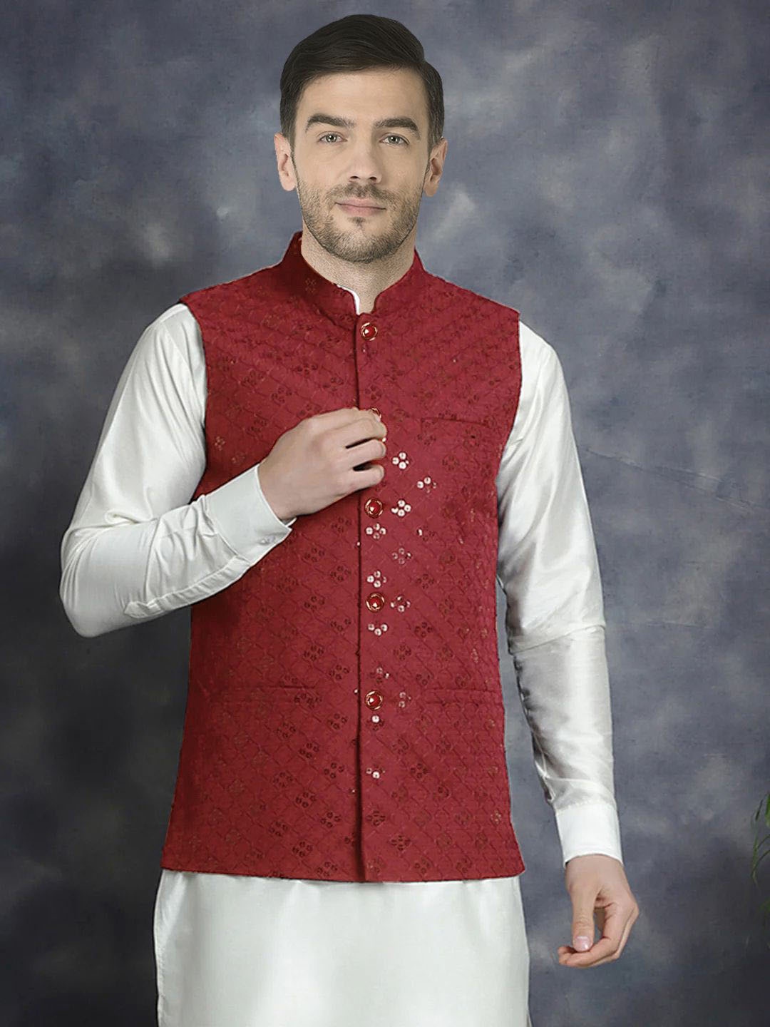 

SG LEMAN Embroidered Nehru Jacket, Maroon