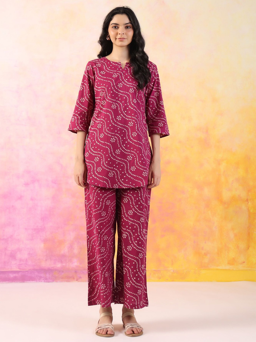 

JISORA Bandhani Printed Pure Cotton Night Suit, Maroon