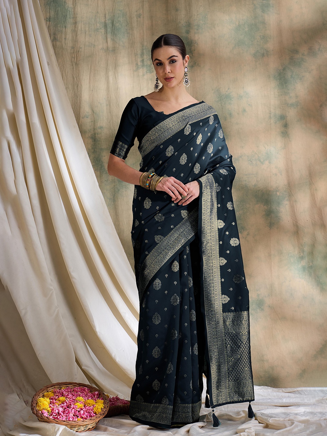 

Sangria Woven Design Banarasi Saree With Blouse, Black