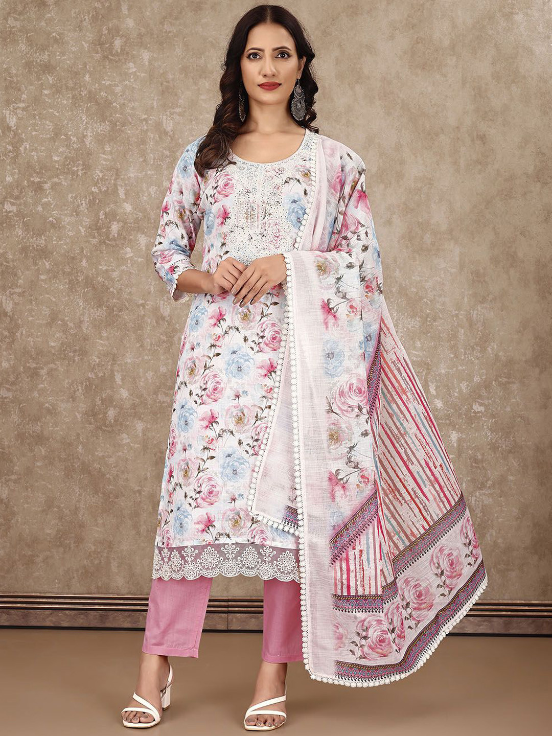 

Meena Bazaar Floral Printed Thread Work Straight Kurta With Trousers & Dupatta, Cream