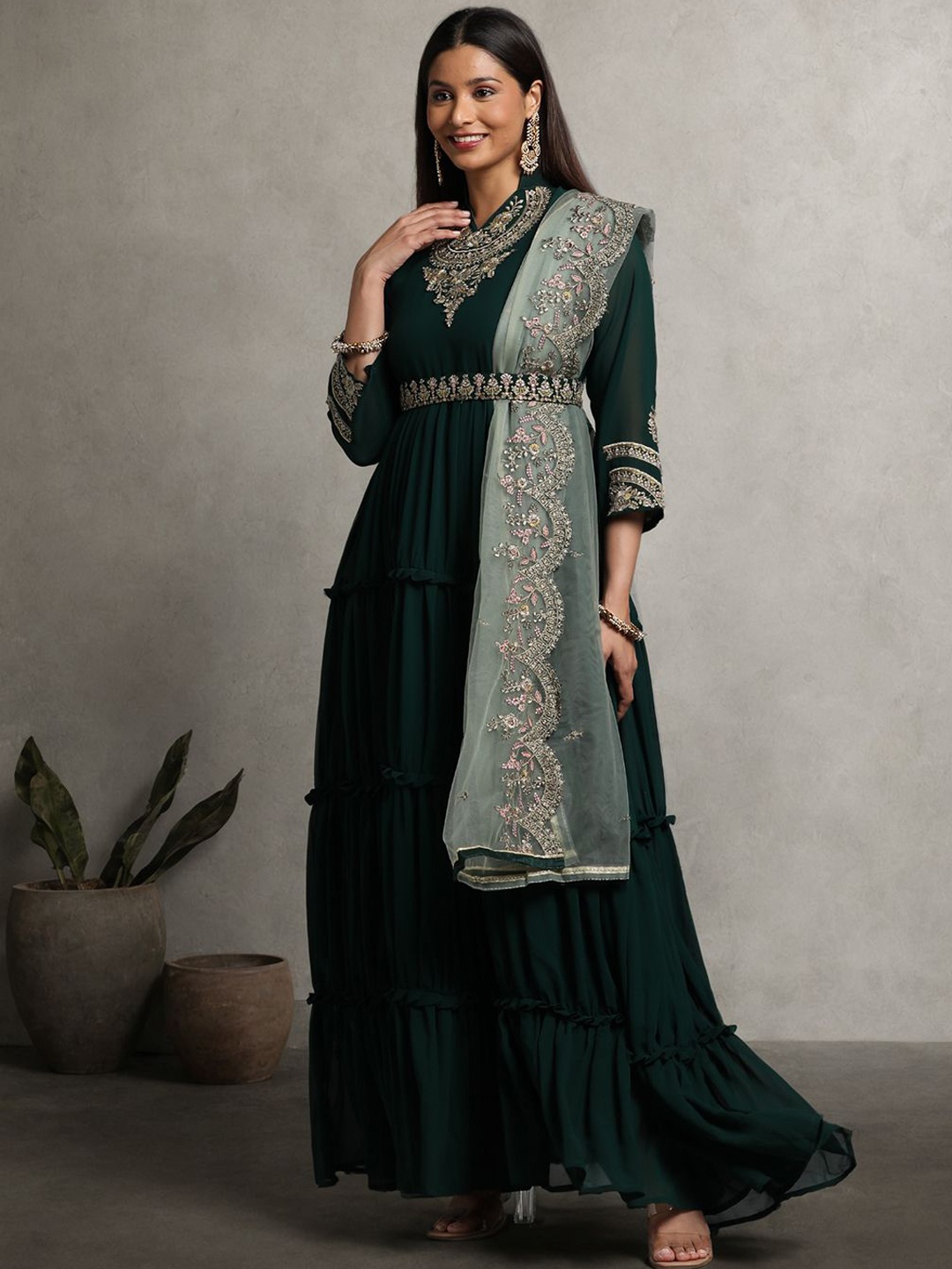 

Miss Ethnik Embroidered Maxi Ethnic Dress With Dupatta, Green