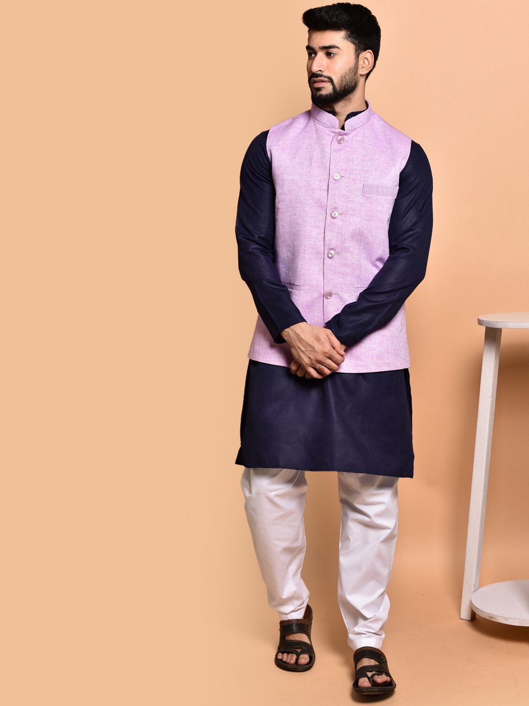 

PRINTCULTR Men Regular Pure Cotton Kurta with Trousers, Navy blue