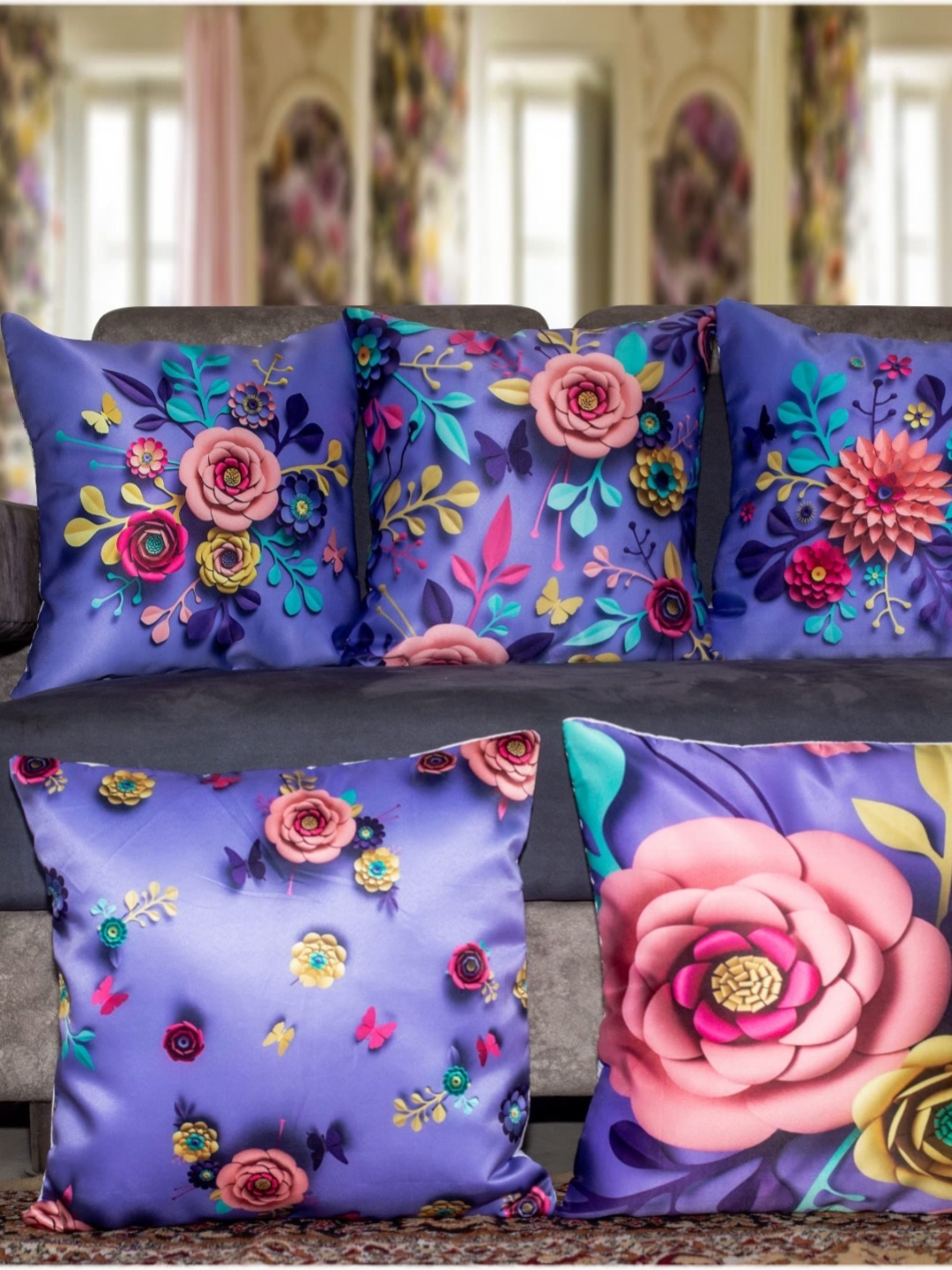 

Vendola Purple & Blue 5 Pieces Floral Printed Satin Square Cushion Covers