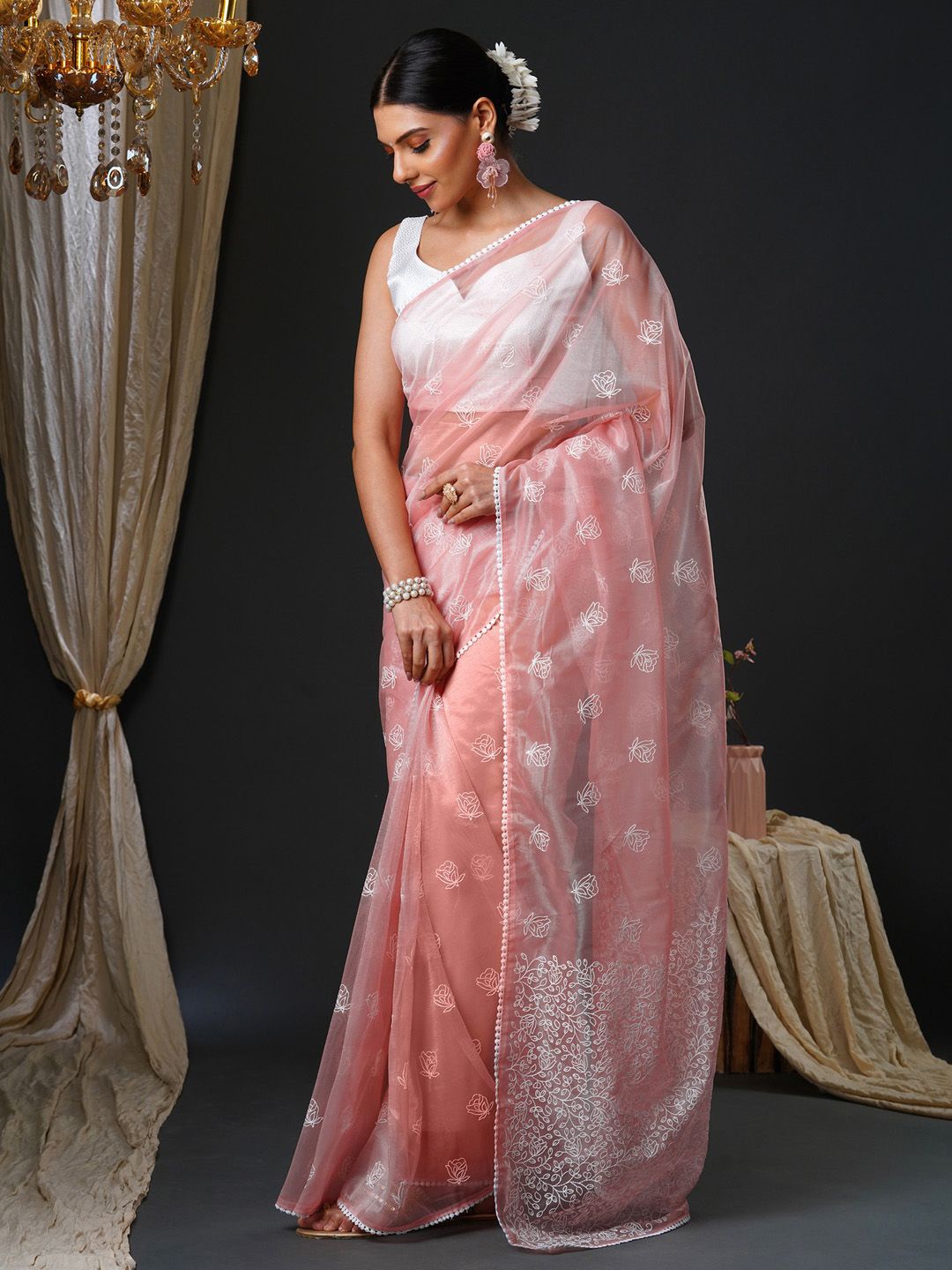 

KALINI Ethnic Motifs Embroidered Organza Saree, Peach