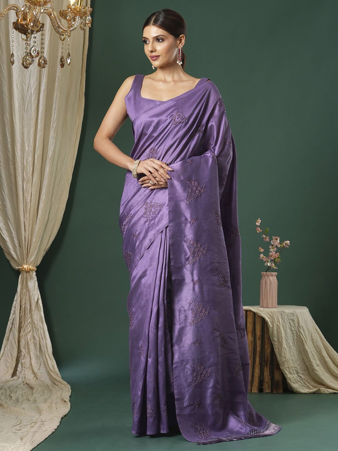 

KALINI Floral Embroidered Silk Blend Saree, Lavender