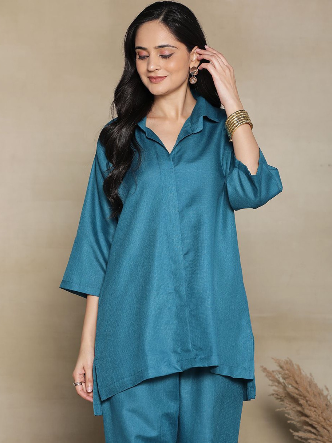 

LetsDressUp Women Solid Shirt Collar Pure Cotton Top, Teal
