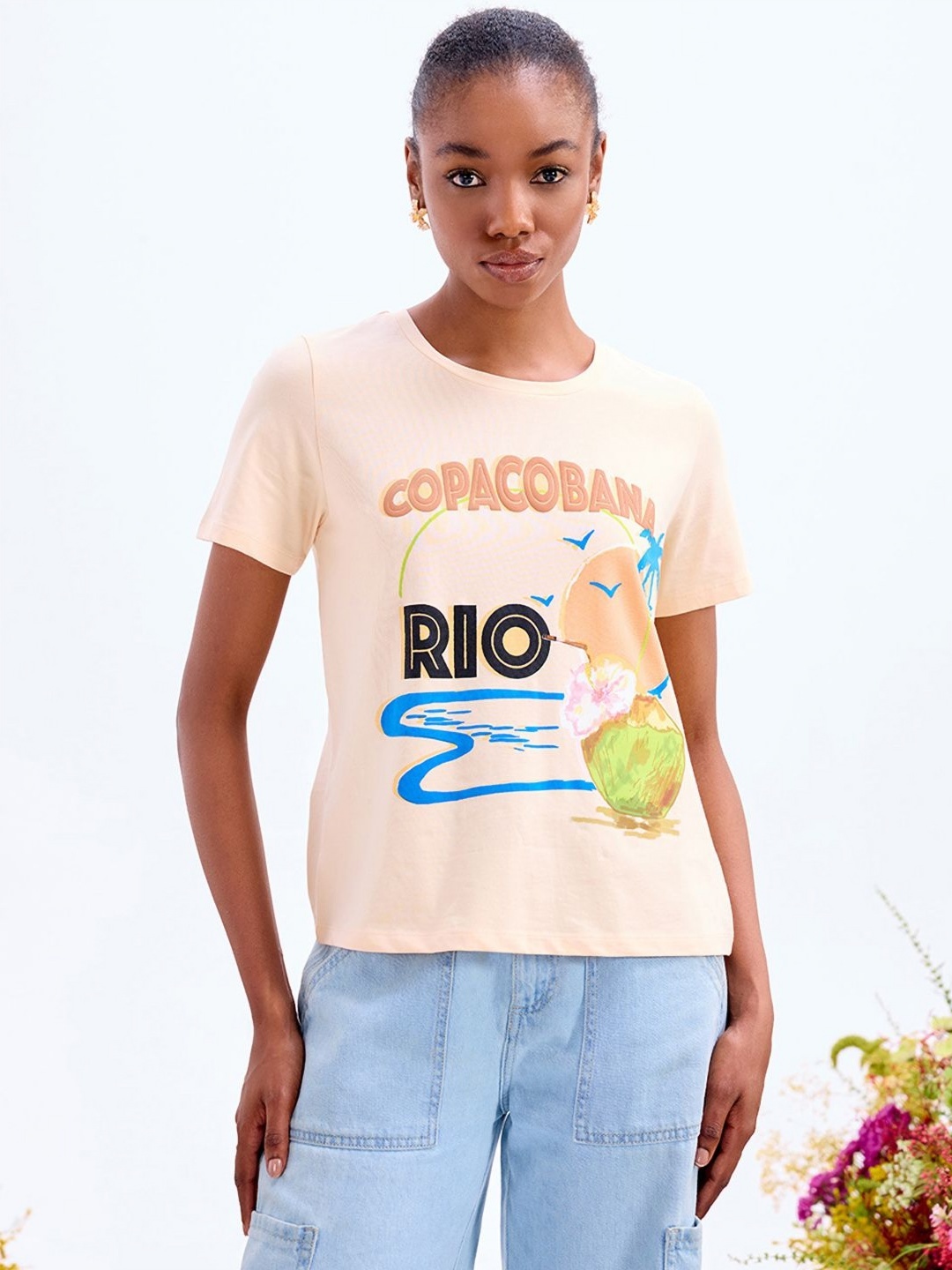 

COVER STORY Women Graphic Printed Round Neck Cotton T-shirt, Peach