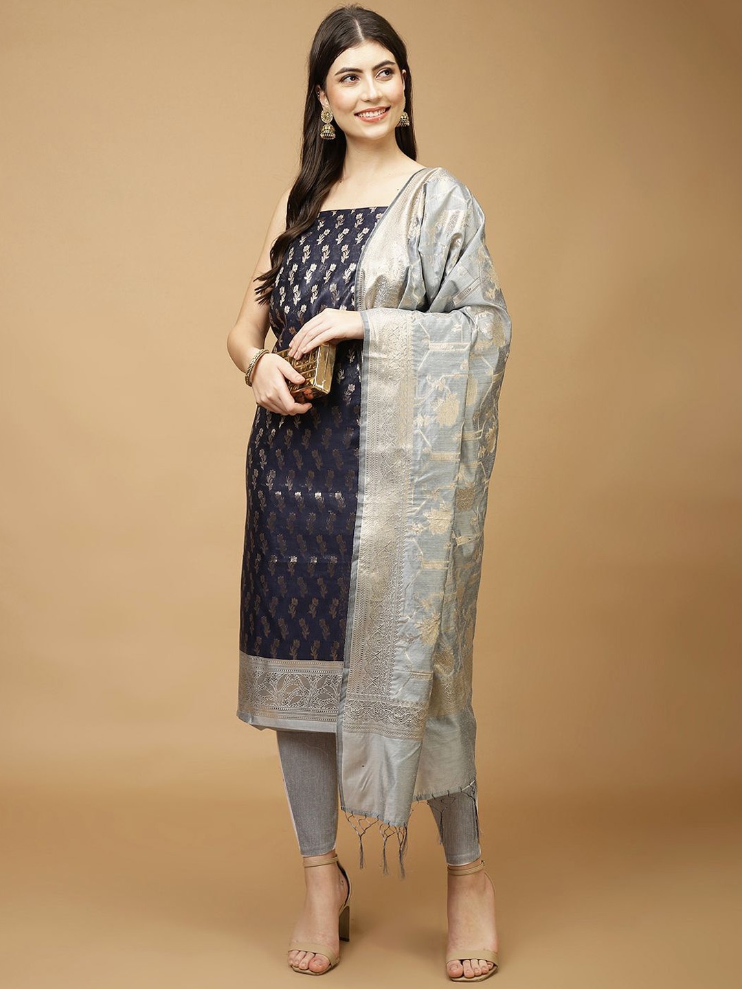 

Meena Bazaar Art Silk Unstitched Dress Material, Navy blue