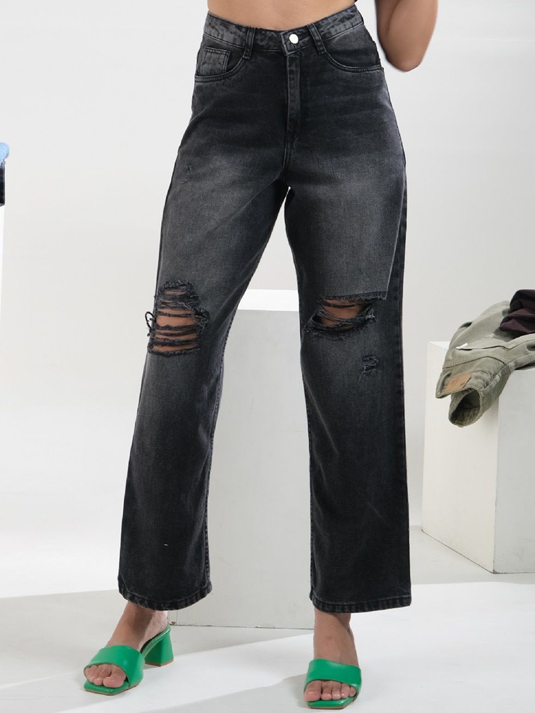 

FILLY Women Straight Fit High-Rise Slash Knee Heavy Fade Jeans, Charcoal