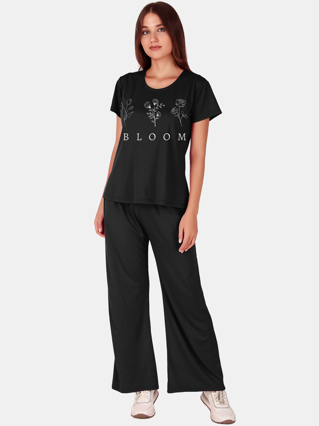 

Fasense Printed Tshirt With Trousers Co-Ords, Black