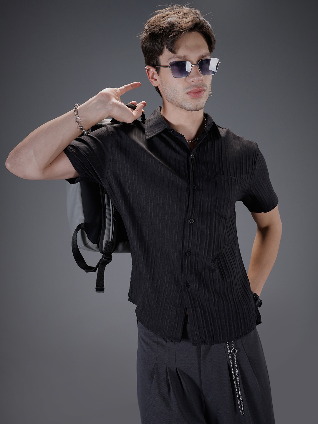 

SOKO STREET Self Striped Opaque Casual Shirt, Black