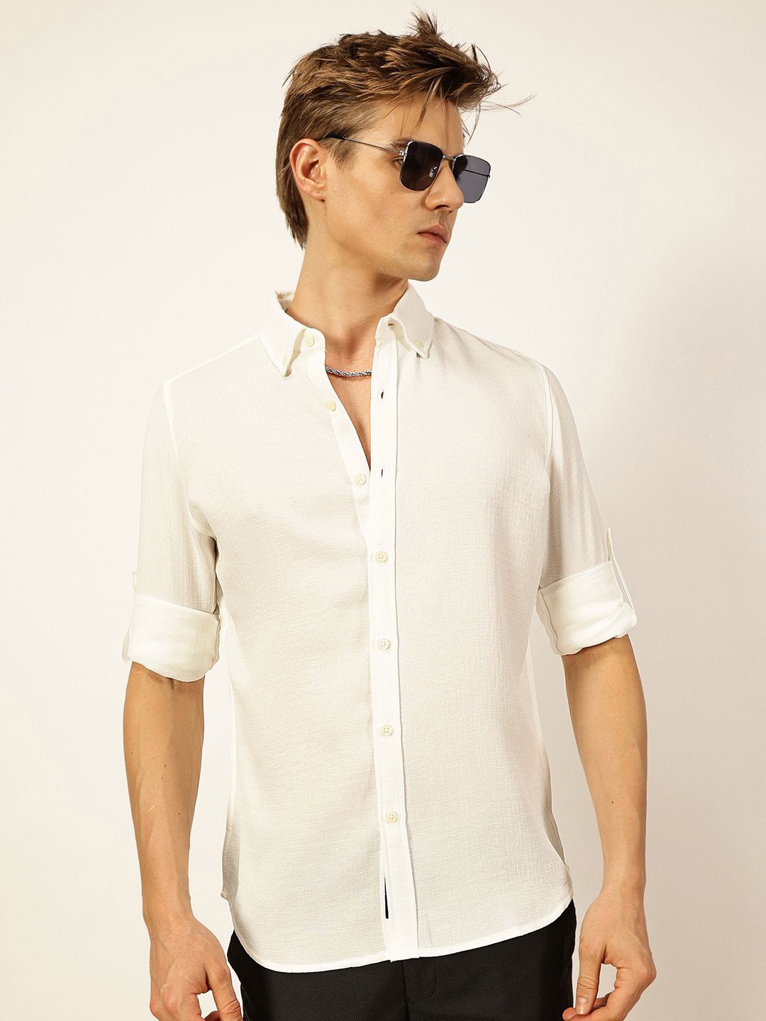 

Thomas Scott Men Premium Button-Down Collar Solid Linen Casual Shirt, White