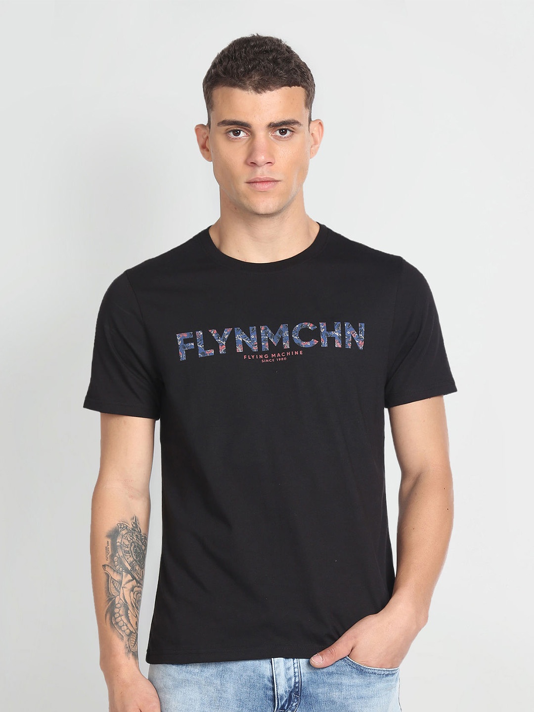 

Flying Machine Typography Printed Pure Cotton T-shirt, Black