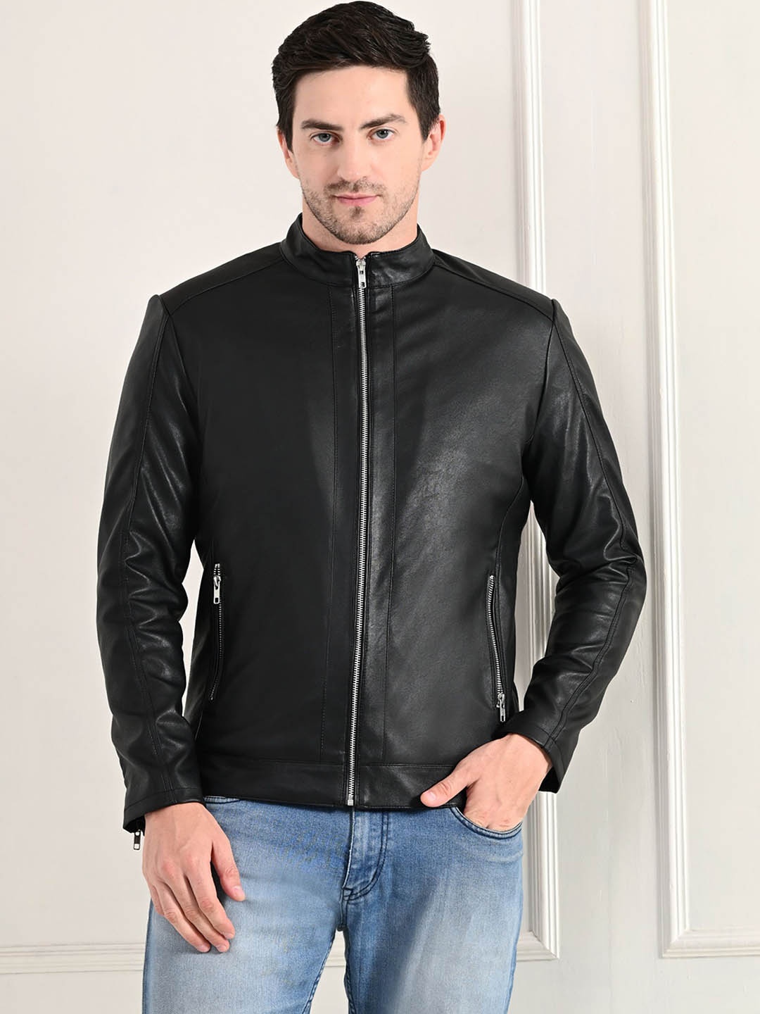 

TBOJ Mock Collar Long Sleeves Lightweight Leather Jacket, Black