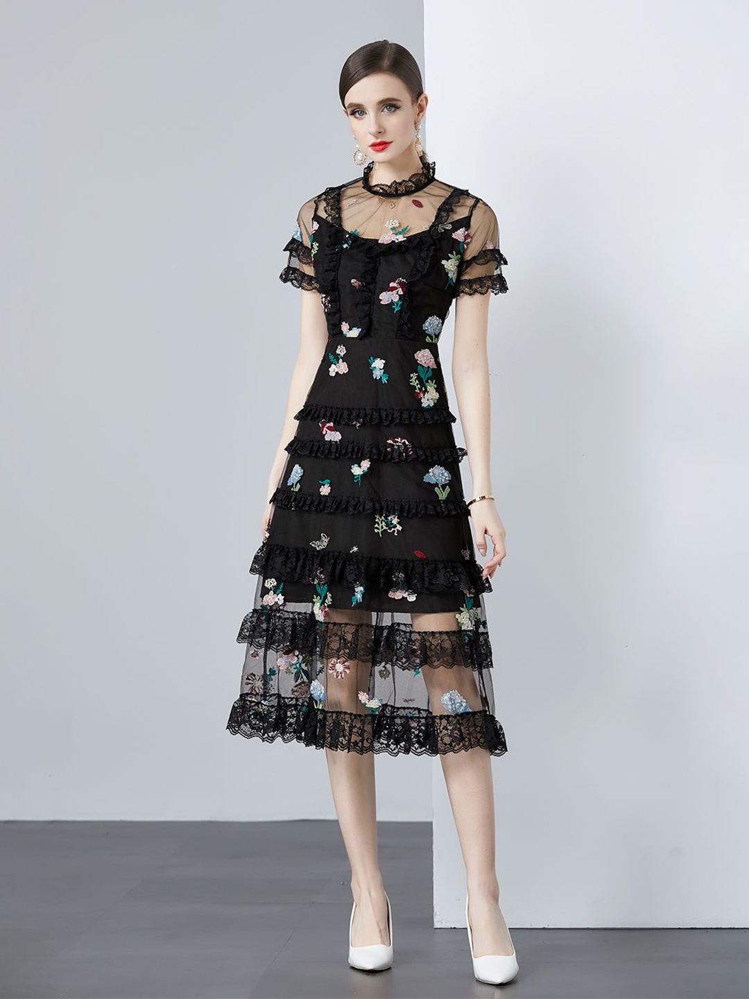

JC Collection Floral Printed A-Line Midi Dress, Black