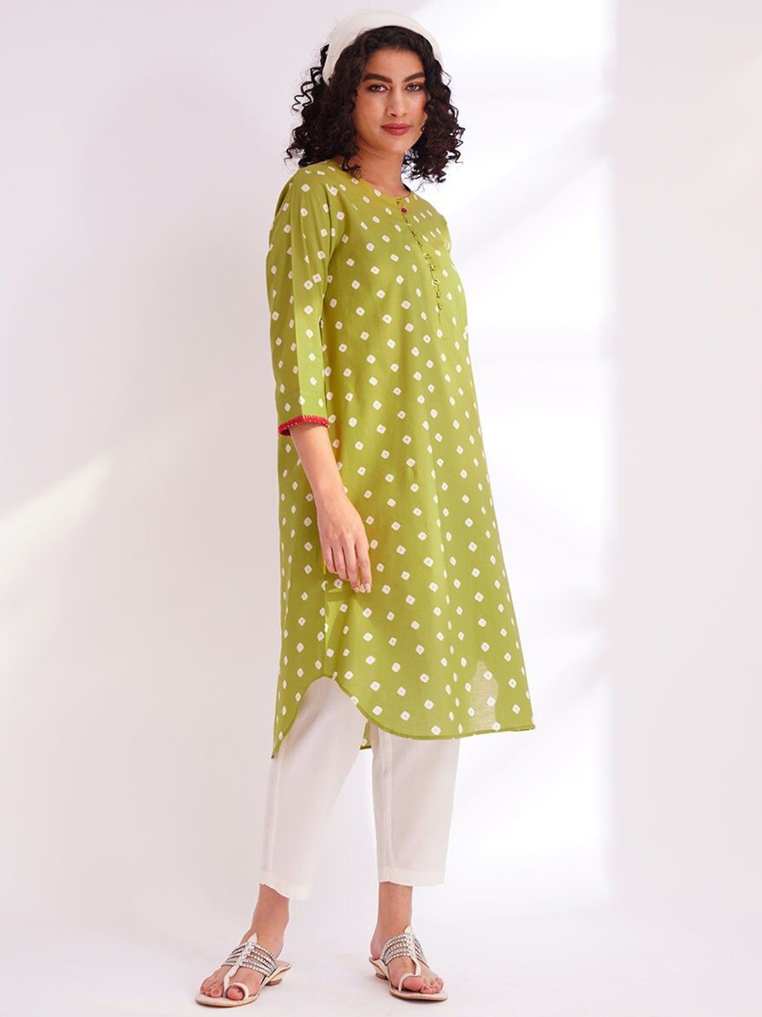 

JAYPORE Geometric Printed Pure Cotton A-Line Kurta, Lime green