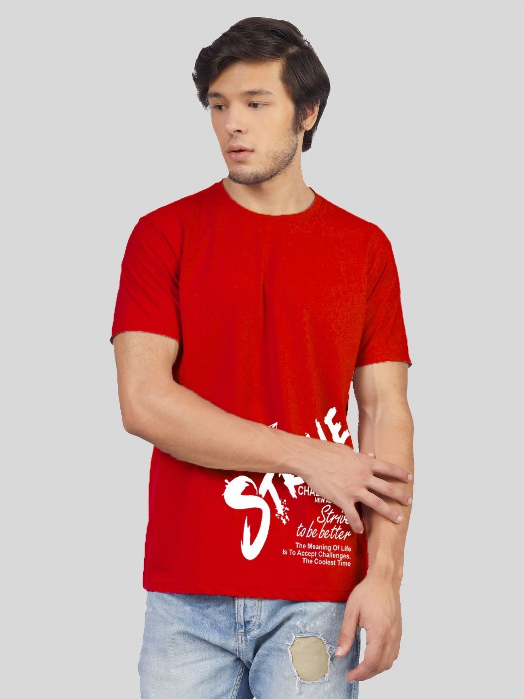 

Greylongg Men Typography Printed Round Neck Cotton T-shirt, Red