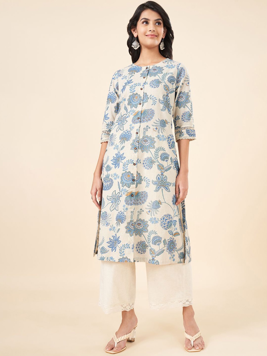 

RANGMANCH BY PANTALOONS Floral Printed Cotton Straight Kurta, Blue