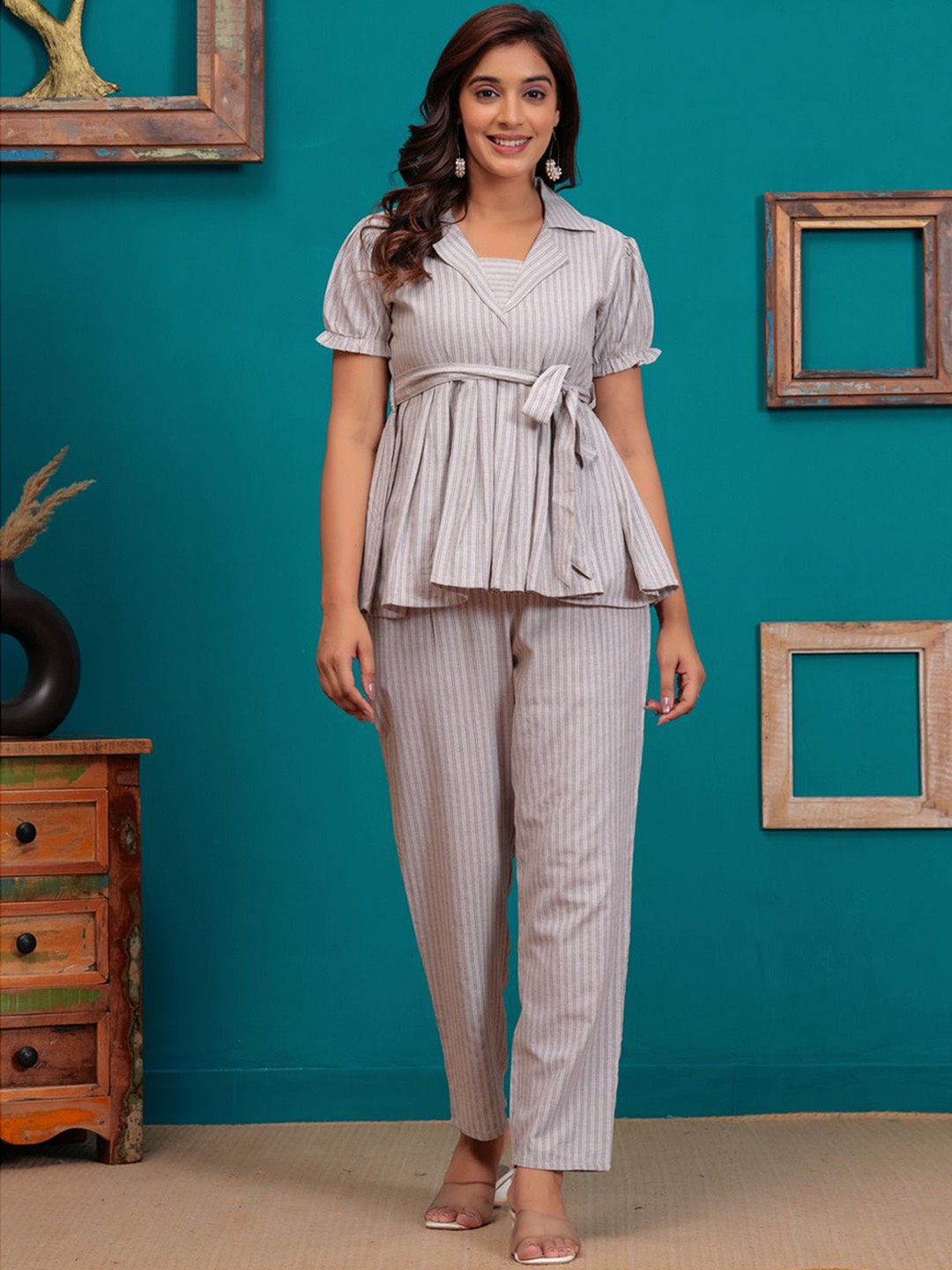 

SARAI CREATIONS Striped Pure Cotton Top & Trouser, Grey