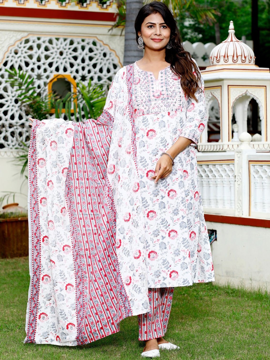 

KALINI Floral Printed Pure Cotton Kurta With Trousers & Dupatta, White