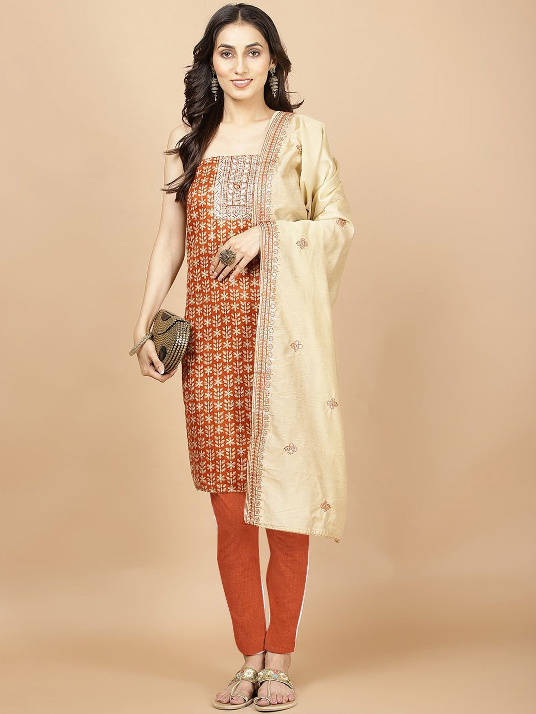 

Meena Bazaar Floral Printed Sequined Unstitched Dress Material, Orange