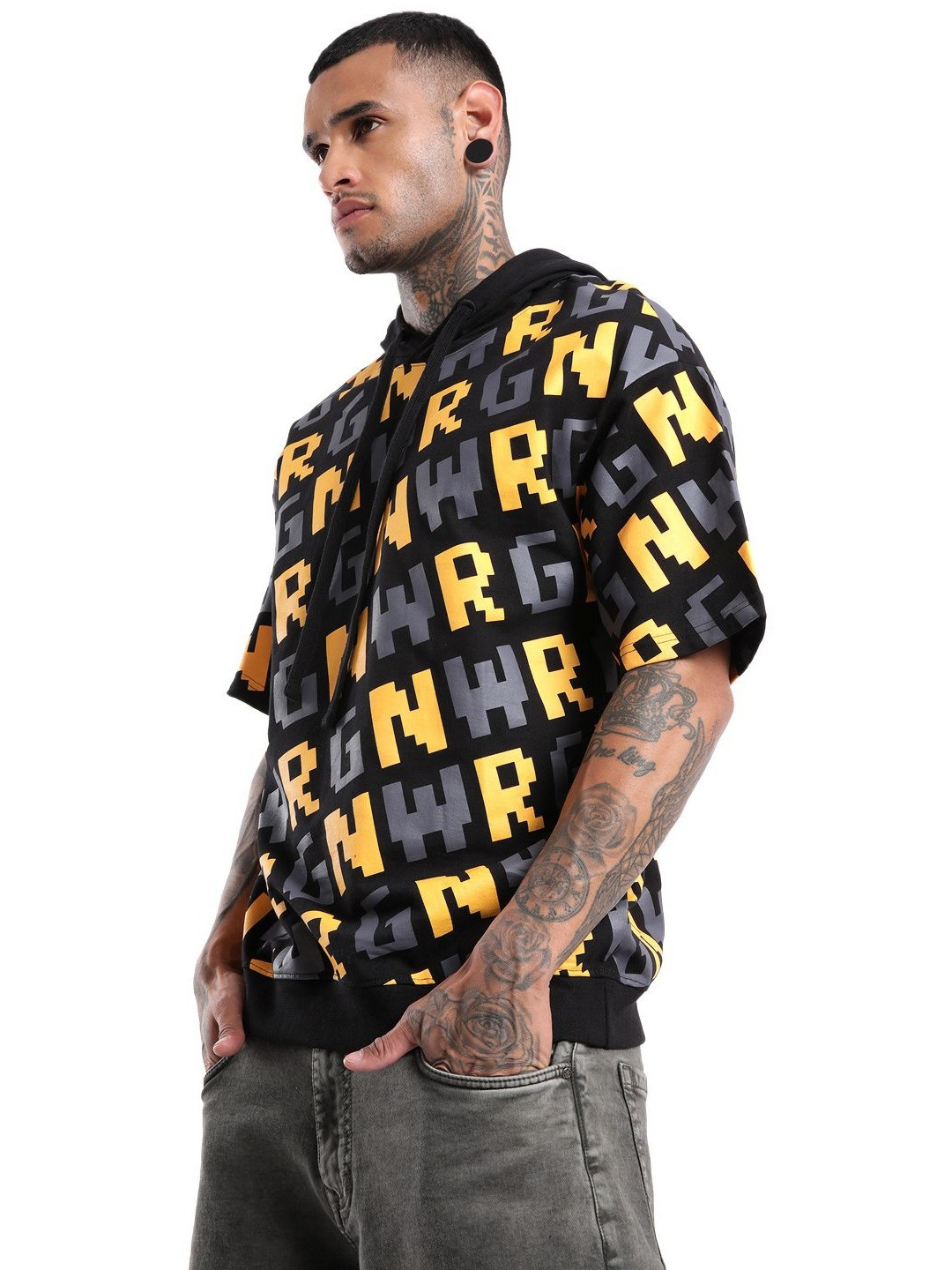 

WROGN Men Typography Printed Hood Pure Cotton Oversized T-shirt, Black