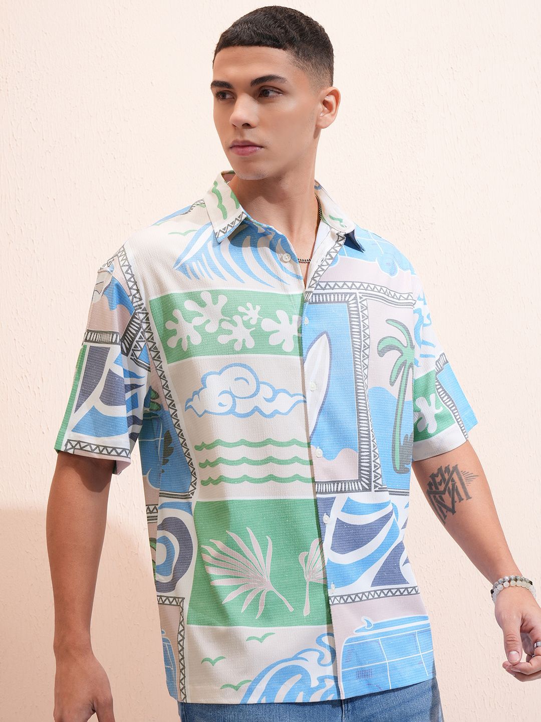 

Highlander Men Mui Color Popcorn Textured Printed Oversized Shirt, Multi