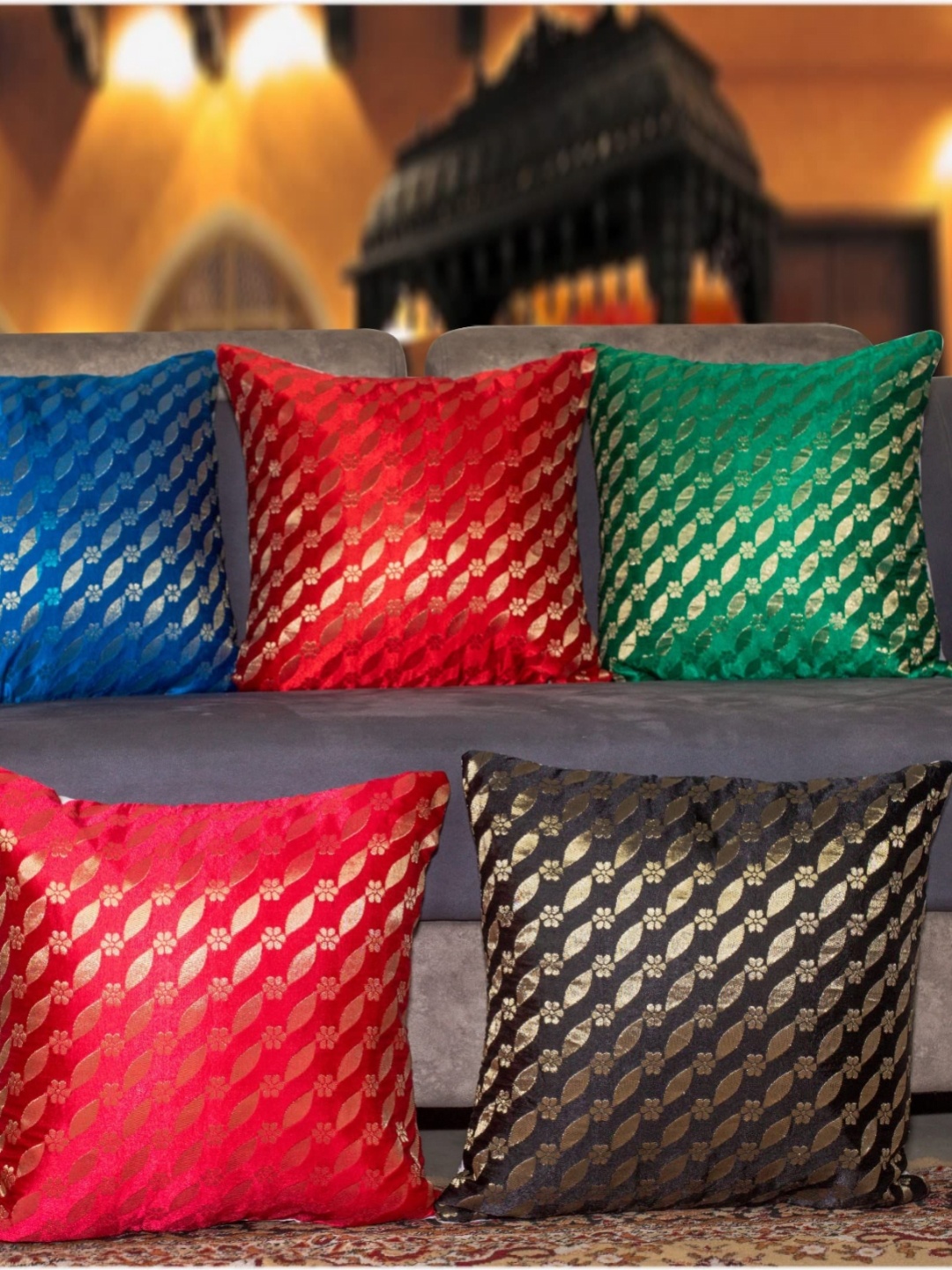 

Vendola Black & Red 5 Pieces Ethnic Motifs Self Design Square Cushion Covers
