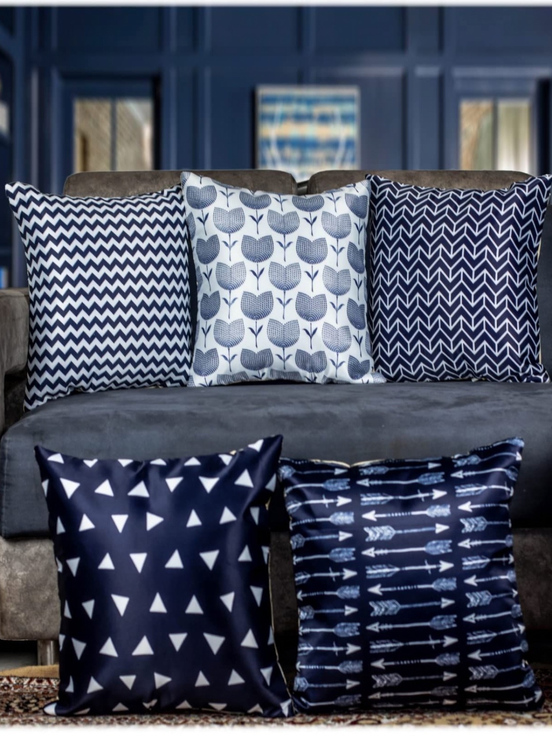 

Vendola Navy Blue & White 5 Pieces Geometric Printed Satin Square Cushion Covers