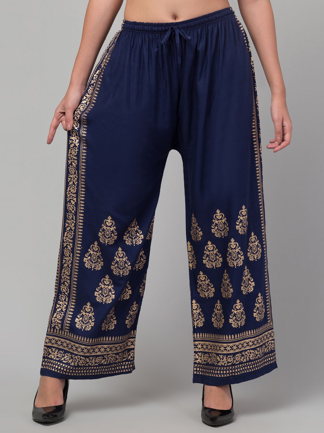 

FAMBEE Women Ethnic Motifs Printed Flared Knitted Palazzos, Navy blue