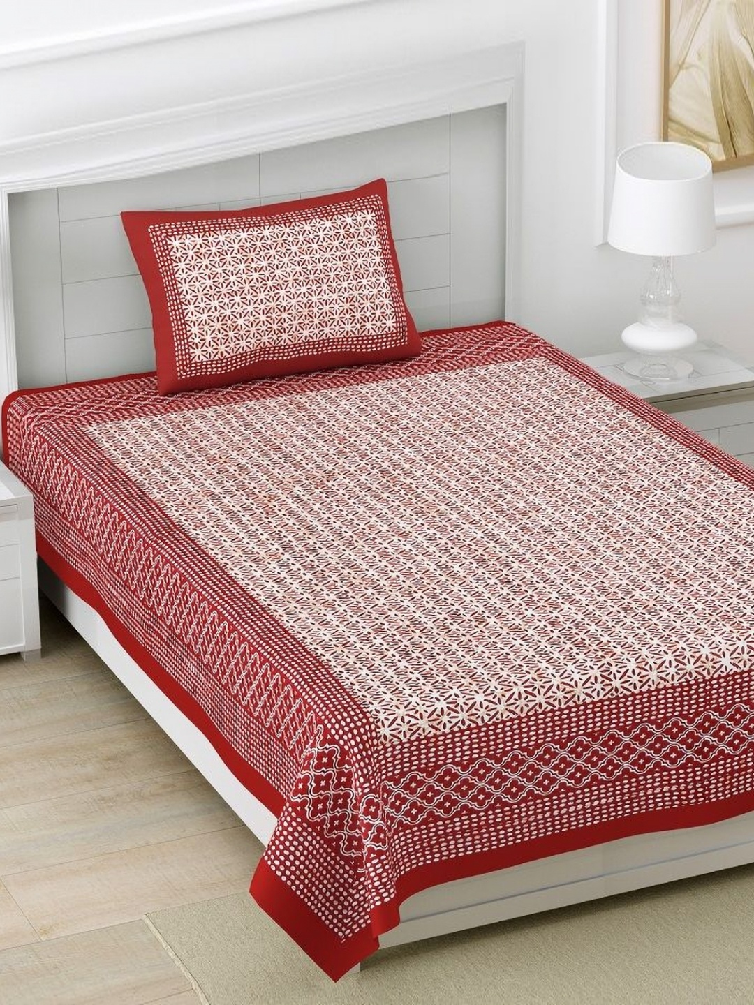 

HOMELINE Red & White Geometric 160 TC Cotton Single Bedsheet with 1 Pillow Cover