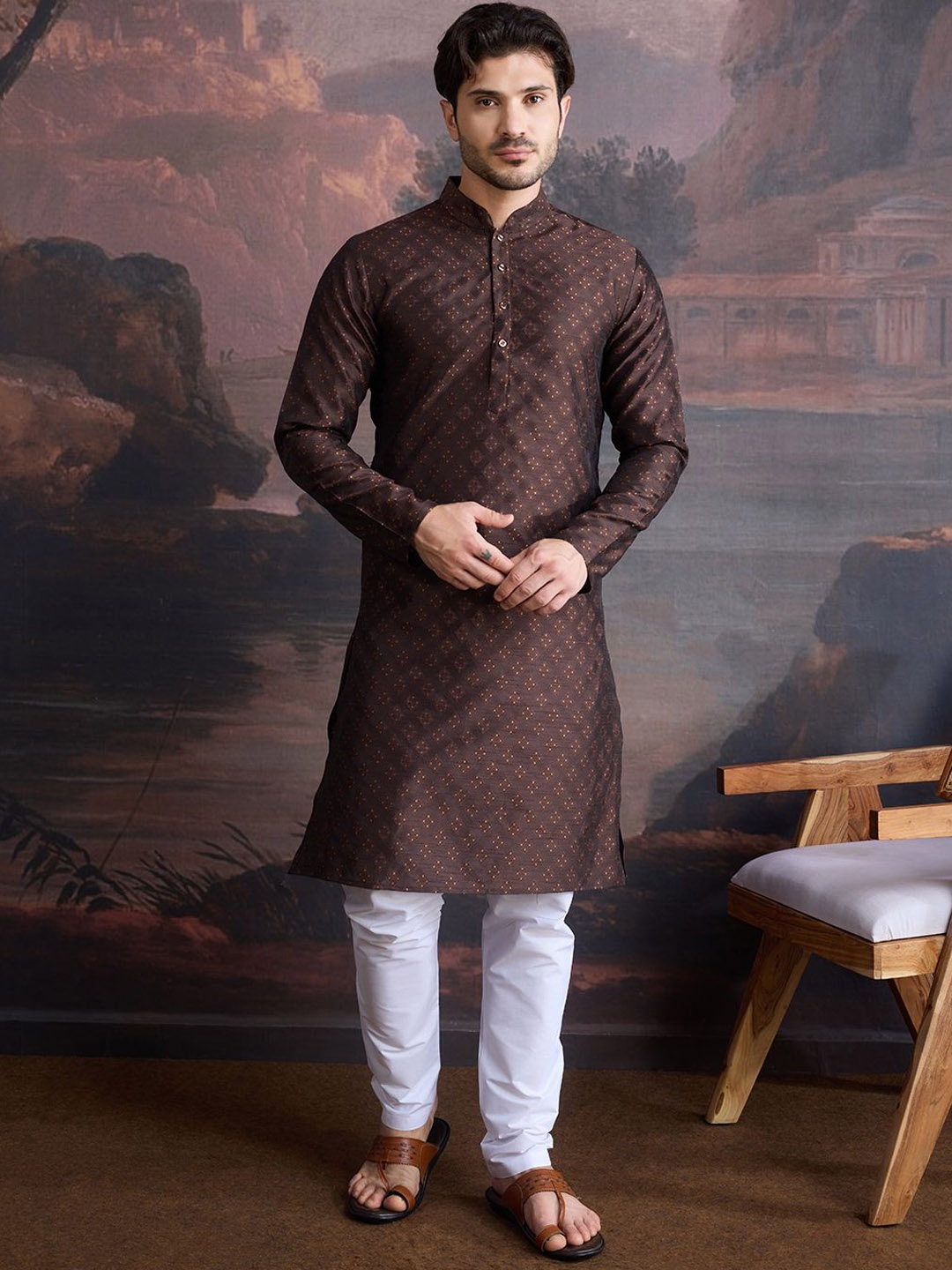 

House of Pataudi Ethnic Motifs Woven Design Mandarin Collar Straight Kurta, Brown