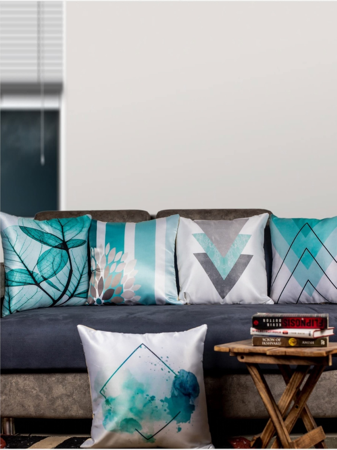 

Vendola Blue & White 5 Pieces Floral Printed Square Cushion Covers